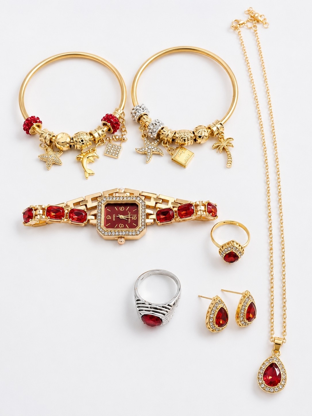 Gold-Tone Red Crystal Jewelry Set - Women Jewelry